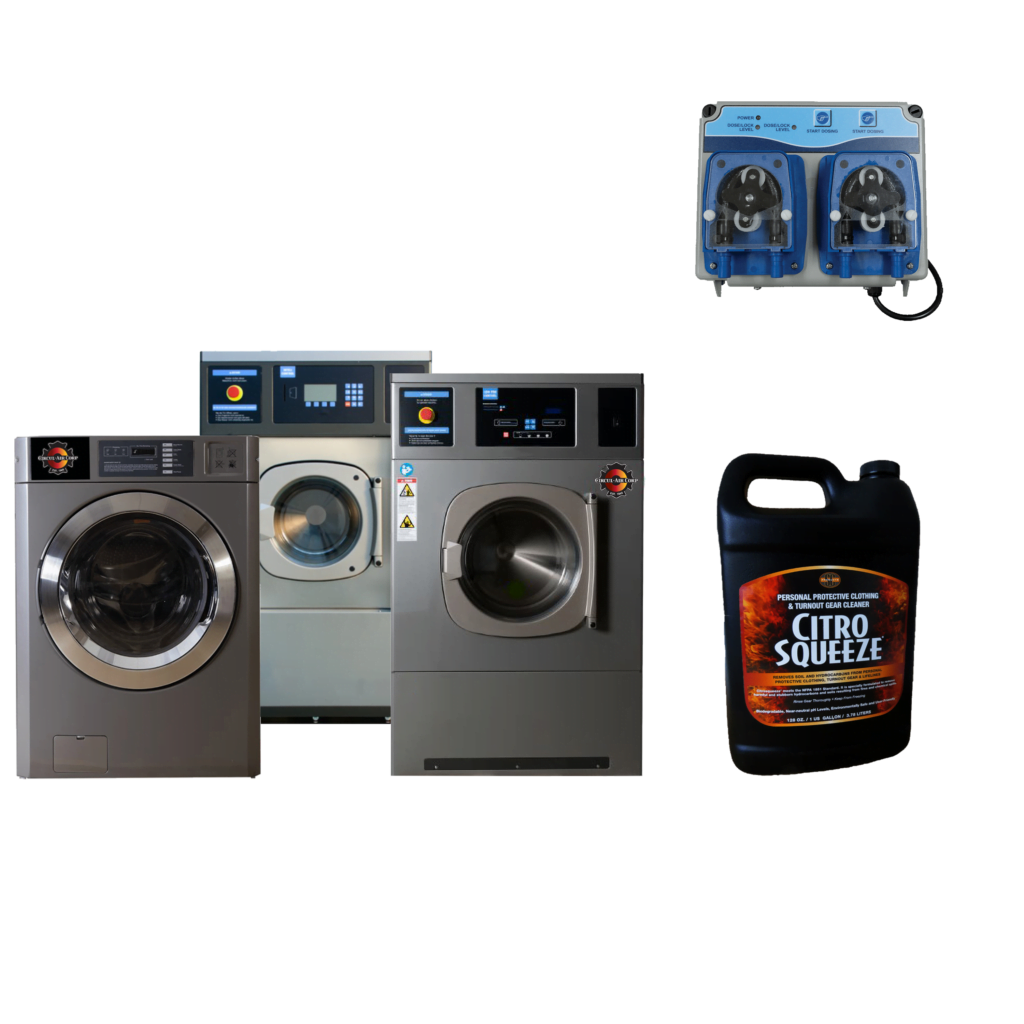 Turnout Gear Extractor Fire Package Includes A washer, dosing pump, and turnout gear detergent